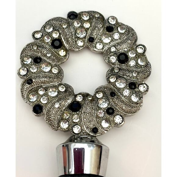 Silver Toned Black and Clear Rhinestone Wreath Wine Bottle Stopper Stocking Gift - Picture 2 of 6